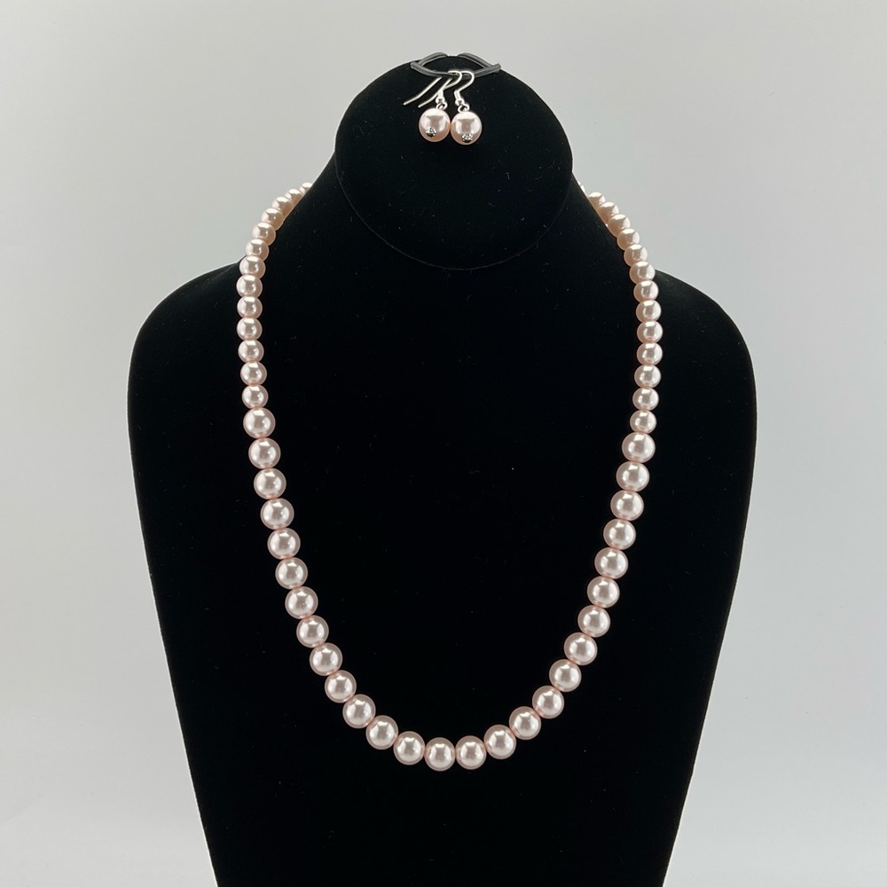 Light Pink Faux Pearl Necklace & Earring Set, Handmade, Pastel, Classic - Picture 4 of 14